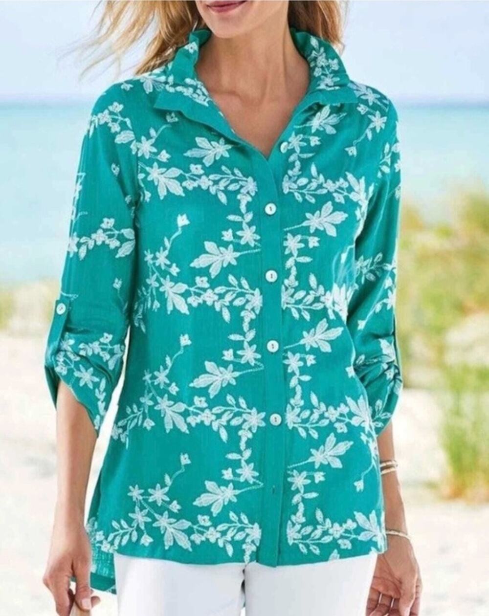 Soft Surroundings Isla Verde Embroidered Button Tunic Top size 1X Treasure Teal
